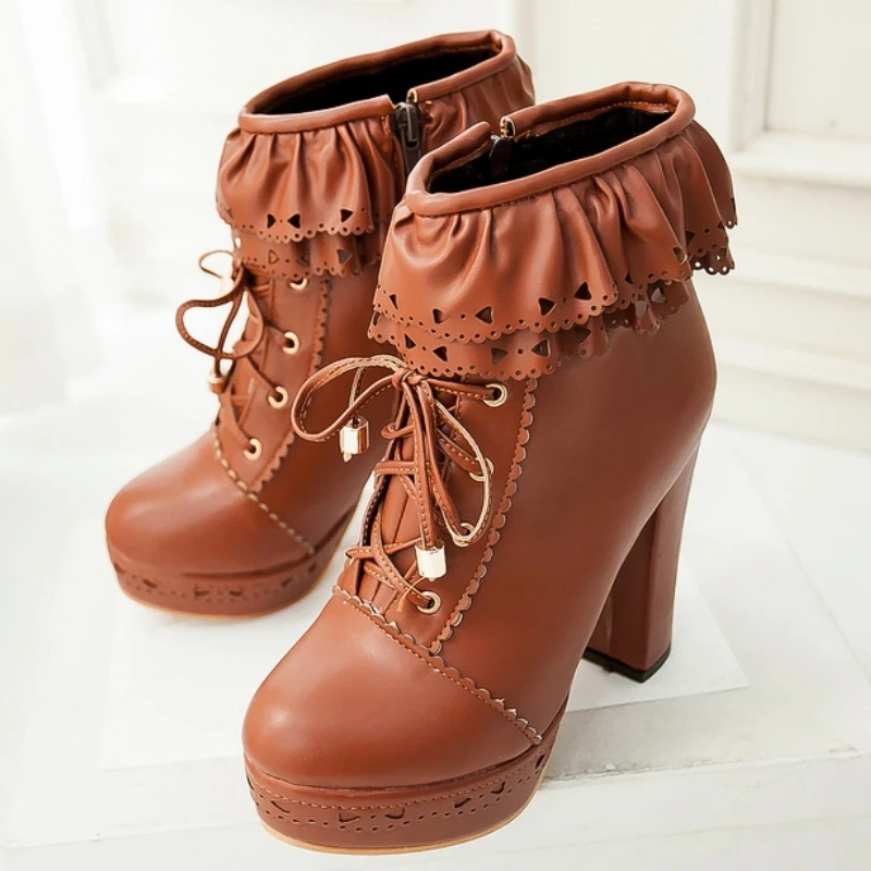 Autumn Winter Women's Ankle Boots Platform White Black Pink Sweet Short Boot Lace up Footwear Lolitas Shoes Girls Big Size 45