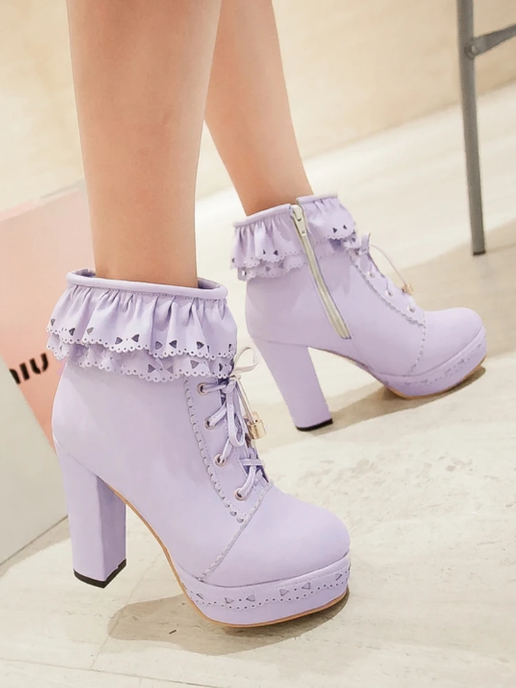 Autumn Winter Women's Ankle Boots Platform White Black Pink Sweet Short Boot Lace up Footwear Lolitas Shoes Girls Big Size 45