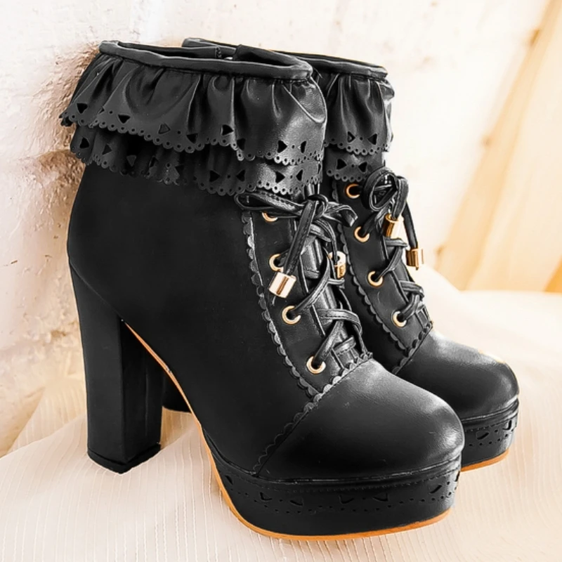 Autumn Winter Women's Ankle Boots Platform White Black Pink Sweet Short Boot Lace up Footwear Lolitas Shoes Girls Big Size 45
