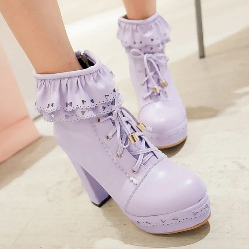 Autumn Winter Women's Ankle Boots Platform White Black Pink Sweet Short Boot Lace up Footwear Lolitas Shoes Girls Big Size 45