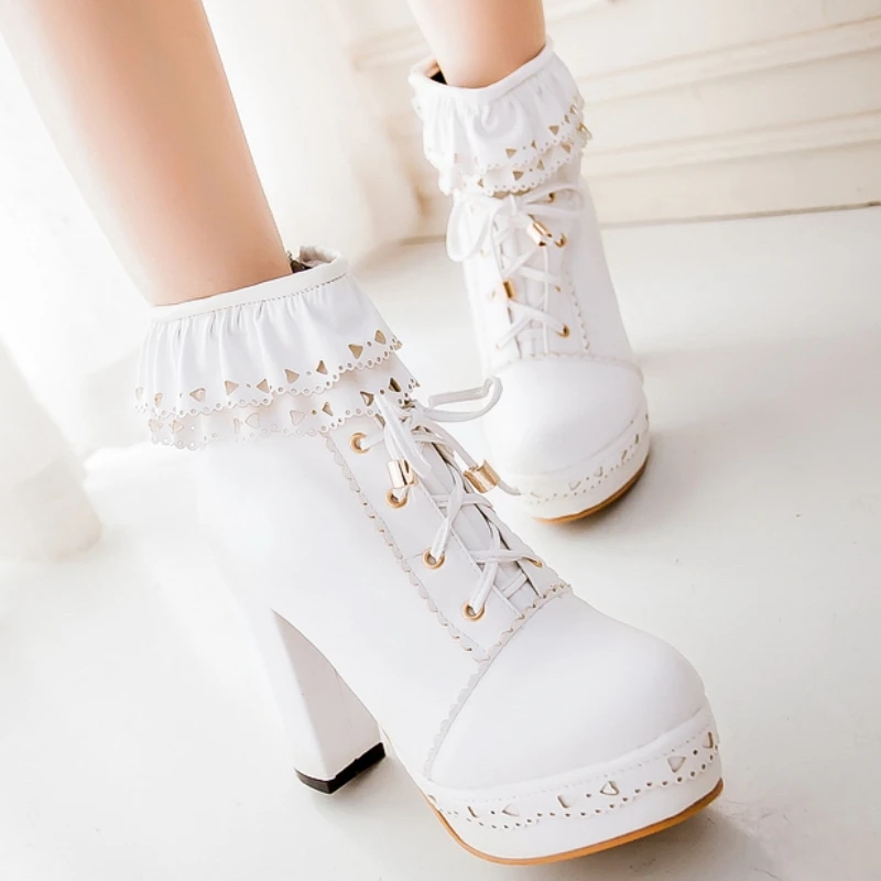 Autumn Winter Women's Ankle Boots Platform White Black Pink Sweet Short Boot Lace up Footwear Lolitas Shoes Girls Big Size 45