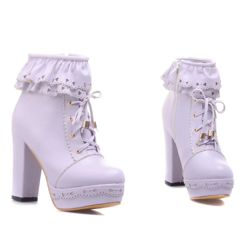 Autumn Winter Women's Ankle Boots Platform White Black Pink Sweet Short Boot Lace up Footwear Lolitas Shoes Girls Big Size 45