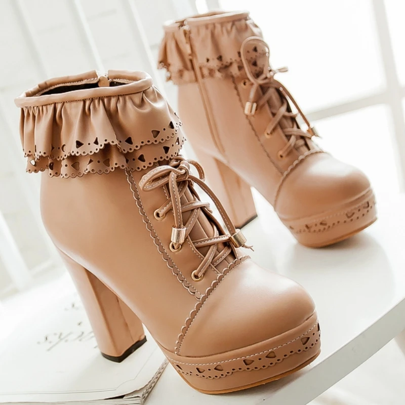 Autumn Winter Women's Ankle Boots Platform White Black Pink Sweet Short Boot Lace up Footwear Lolitas Shoes Girls Big Size 45
