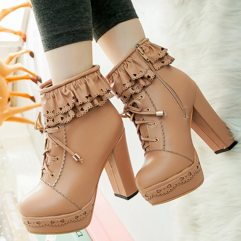 Autumn Winter Women's Ankle Boots Platform White Black Pink Sweet Short Boot Lace up Footwear Lolitas Shoes Girls Big Size 45