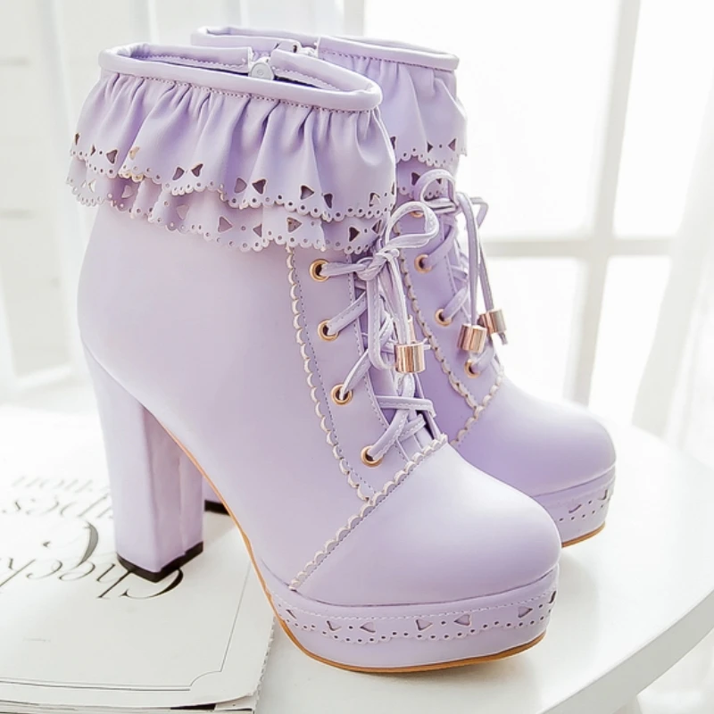 Autumn Winter Women's Ankle Boots Platform White Black Pink Sweet Short Boot Lace up Footwear Lolitas Shoes Girls Big Size 45