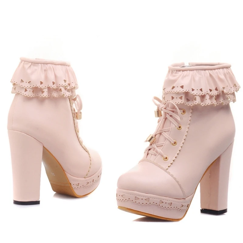Autumn Winter Women's Ankle Boots Platform White Black Pink Sweet Short Boot Lace up Footwear Lolitas Shoes Girls Big Size 45
