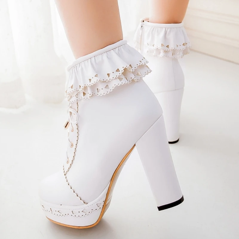 Autumn Winter Women's Ankle Boots Platform White Black Pink Sweet Short Boot Lace up Footwear Lolitas Shoes Girls Big Size 45