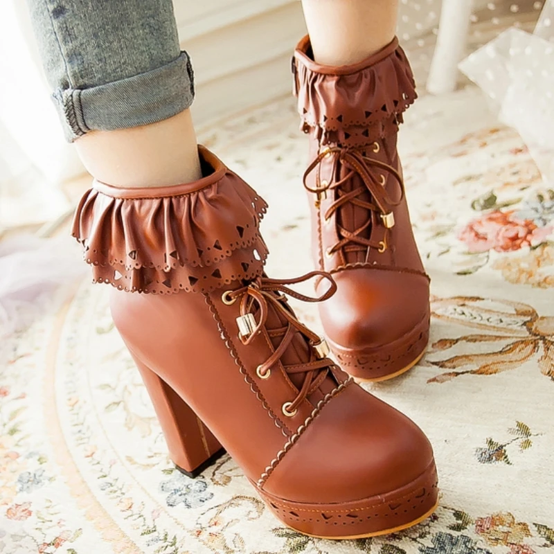 Autumn Winter Women's Ankle Boots Platform White Black Pink Sweet Short Boot Lace up Footwear Lolitas Shoes Girls Big Size 45