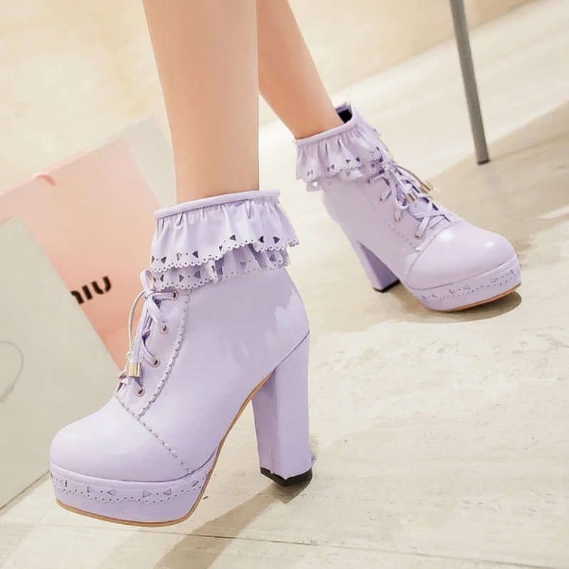 Autumn Winter Women's Ankle Boots Platform White Black Pink Sweet Short Boot Lace up Footwear Lolitas Shoes Girls Big Size 45