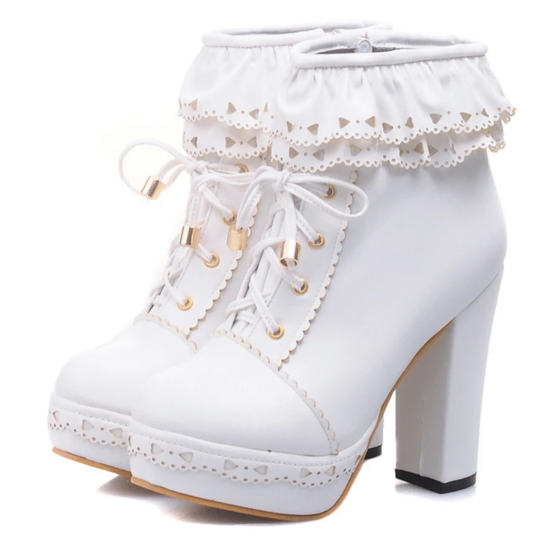 Autumn Winter Women's Ankle Boots Platform White Black Pink Sweet Short Boot Lace up Footwear Lolitas Shoes Girls Big Size 45