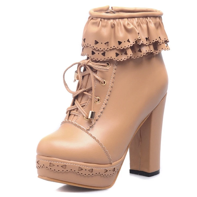 Autumn Winter Women's Ankle Boots Platform White Black Pink Sweet Short Boot Lace up Footwear Lolitas Shoes Girls Big Size 45