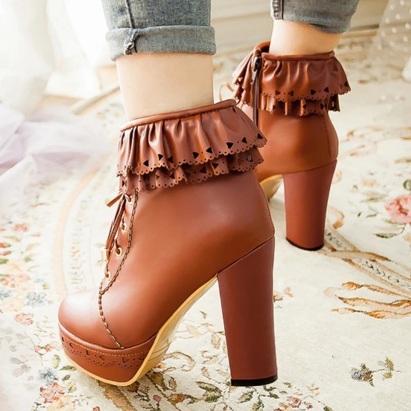 Autumn Winter Women's Ankle Boots Platform White Black Pink Sweet Short Boot Lace up Footwear Lolitas Shoes Girls Big Size 45