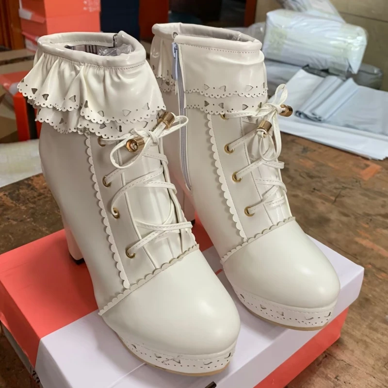Autumn Winter Women's Ankle Boots Platform White Black Pink Sweet Short Boot Lace up Footwear Lolitas Shoes Girls Big Size 45