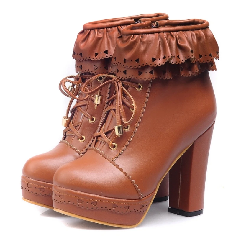 Autumn Winter Women's Ankle Boots Platform White Black Pink Sweet Short Boot Lace up Footwear Lolitas Shoes Girls Big Size 45