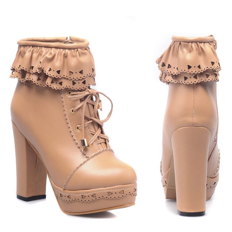 Autumn Winter Women's Ankle Boots Platform White Black Pink Sweet Short Boot Lace up Footwear Lolitas Shoes Girls Big Size 45