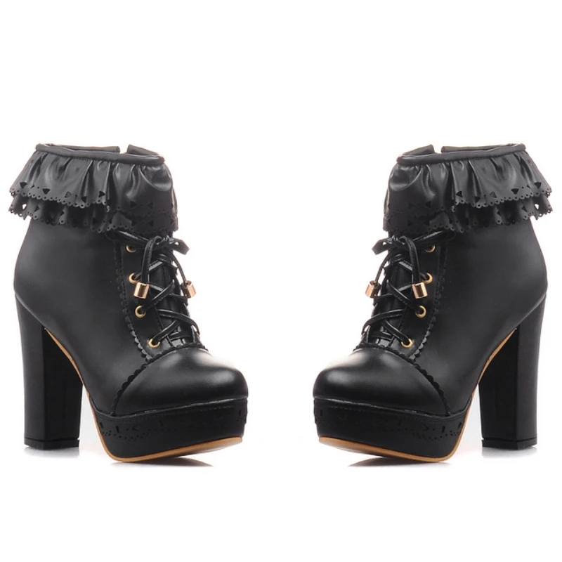 Autumn Winter Women's Ankle Boots Platform White Black Pink Sweet Short Boot Lace up Footwear Lolitas Shoes Girls Big Size 45