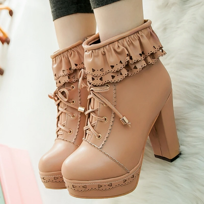 Autumn Winter Women's Ankle Boots Platform White Black Pink Sweet Short Boot Lace up Footwear Lolitas Shoes Girls Big Size 45