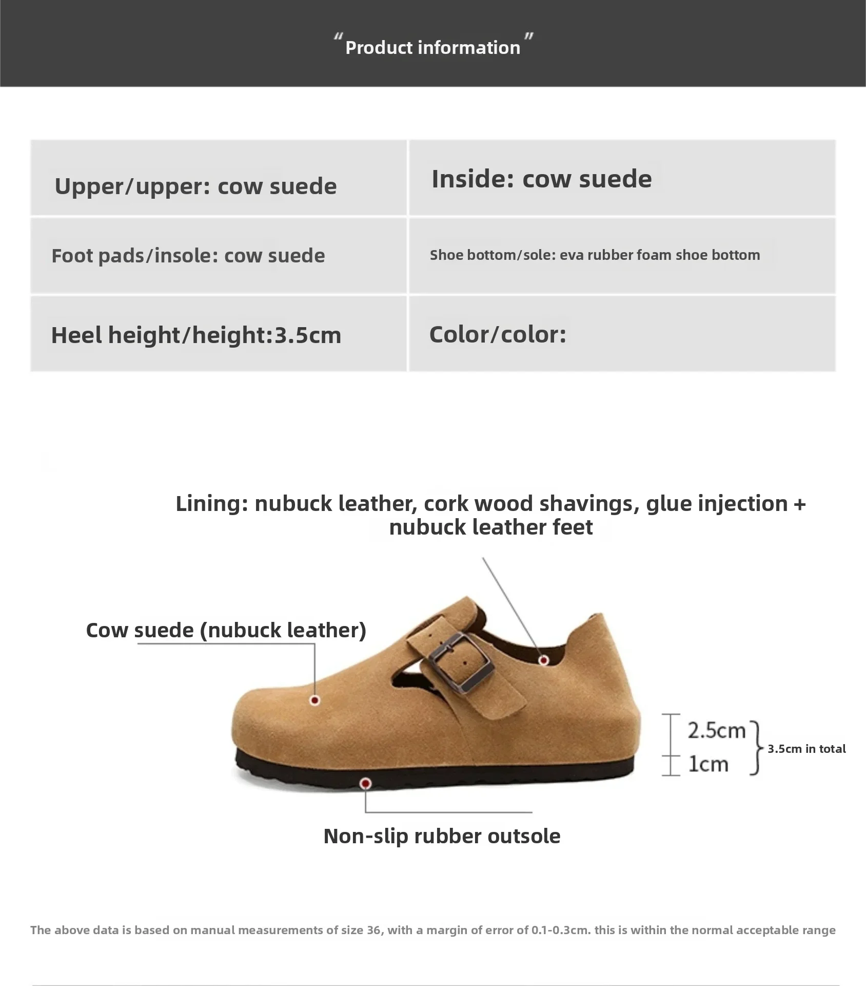 High-end all-inclusive men's and women's genuine leather cork thick-soled insole height-increasing Bokun shoes casual shoes