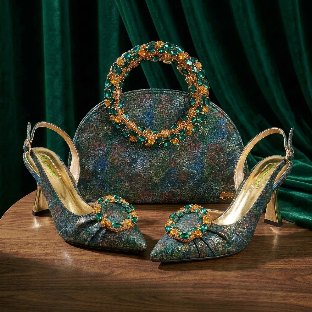 Queena Yan Multicolor Glitter Slingback Pointed Pumps Rhinestone Ring Handle Evening Clutch Matching Bag Set For Women Wedding