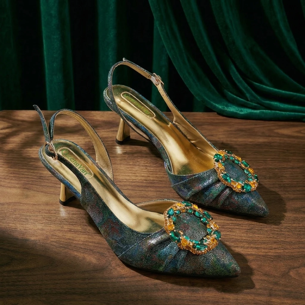 Queena Yan Multicolor Glitter Slingback Pointed Pumps Rhinestone Ring Handle Evening Clutch Matching Bag Set For Women Wedding