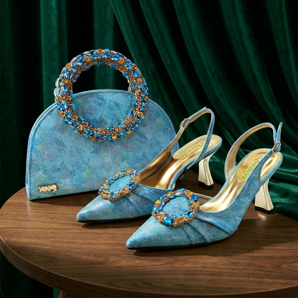 Queena Yan Multicolor Glitter Slingback Pointed Pumps Rhinestone Ring Handle Evening Clutch Matching Bag Set For Women Wedding