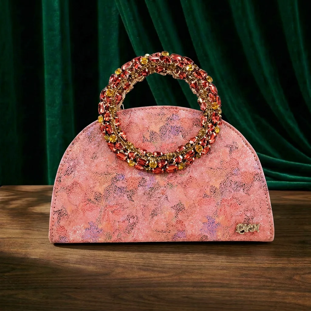 Queena Yan Multicolor Glitter Slingback Pointed Pumps Rhinestone Ring Handle Evening Clutch Matching Bag Set For Women Wedding