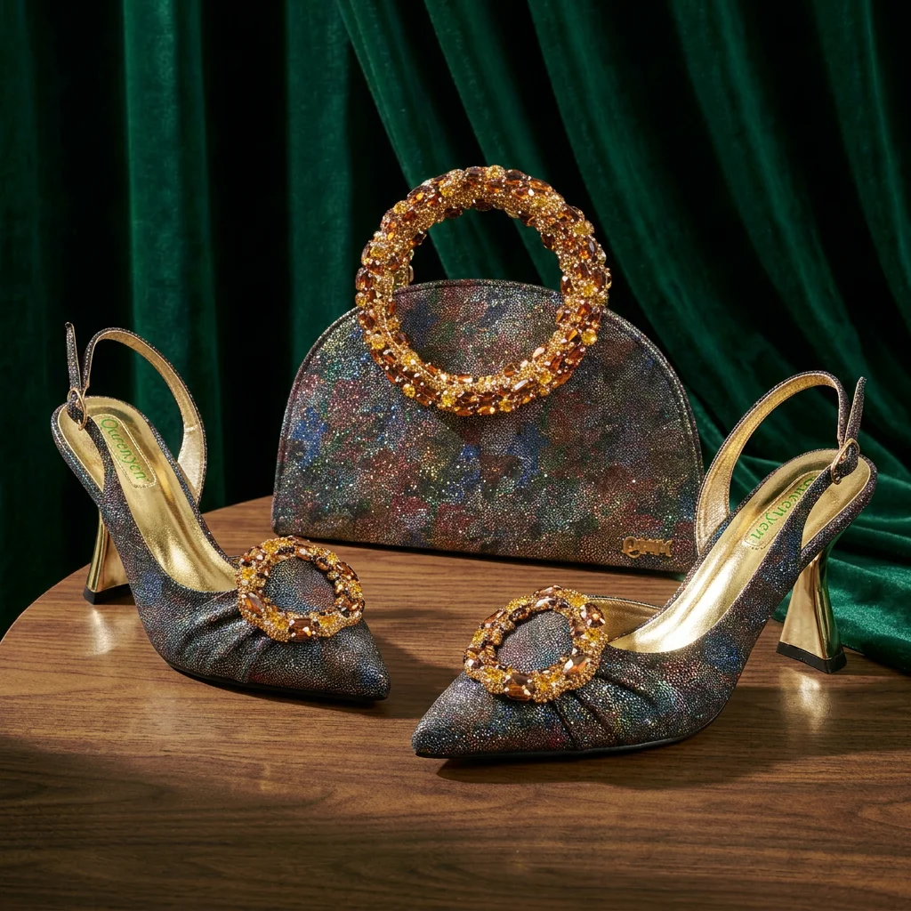 Queena Yan Multicolor Glitter Slingback Pointed Pumps Rhinestone Ring Handle Evening Clutch Matching Bag Set For Women Wedding