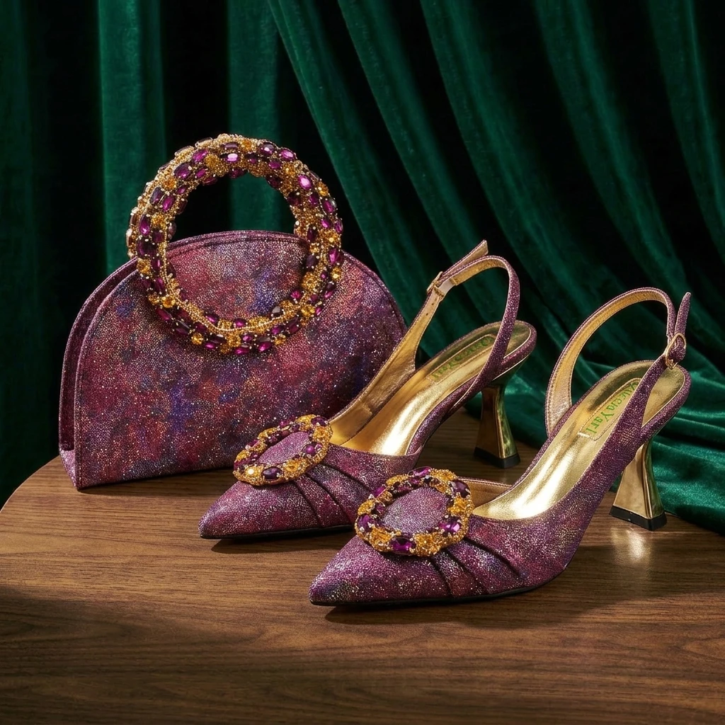 Queena Yan Multicolor Glitter Slingback Pointed Pumps Rhinestone Ring Handle Evening Clutch Matching Bag Set For Women Wedding