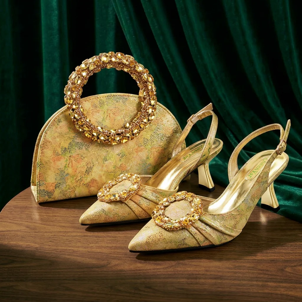 Queena Yan Multicolor Glitter Slingback Pointed Pumps Rhinestone Ring Handle Evening Clutch Matching Bag Set For Women Wedding