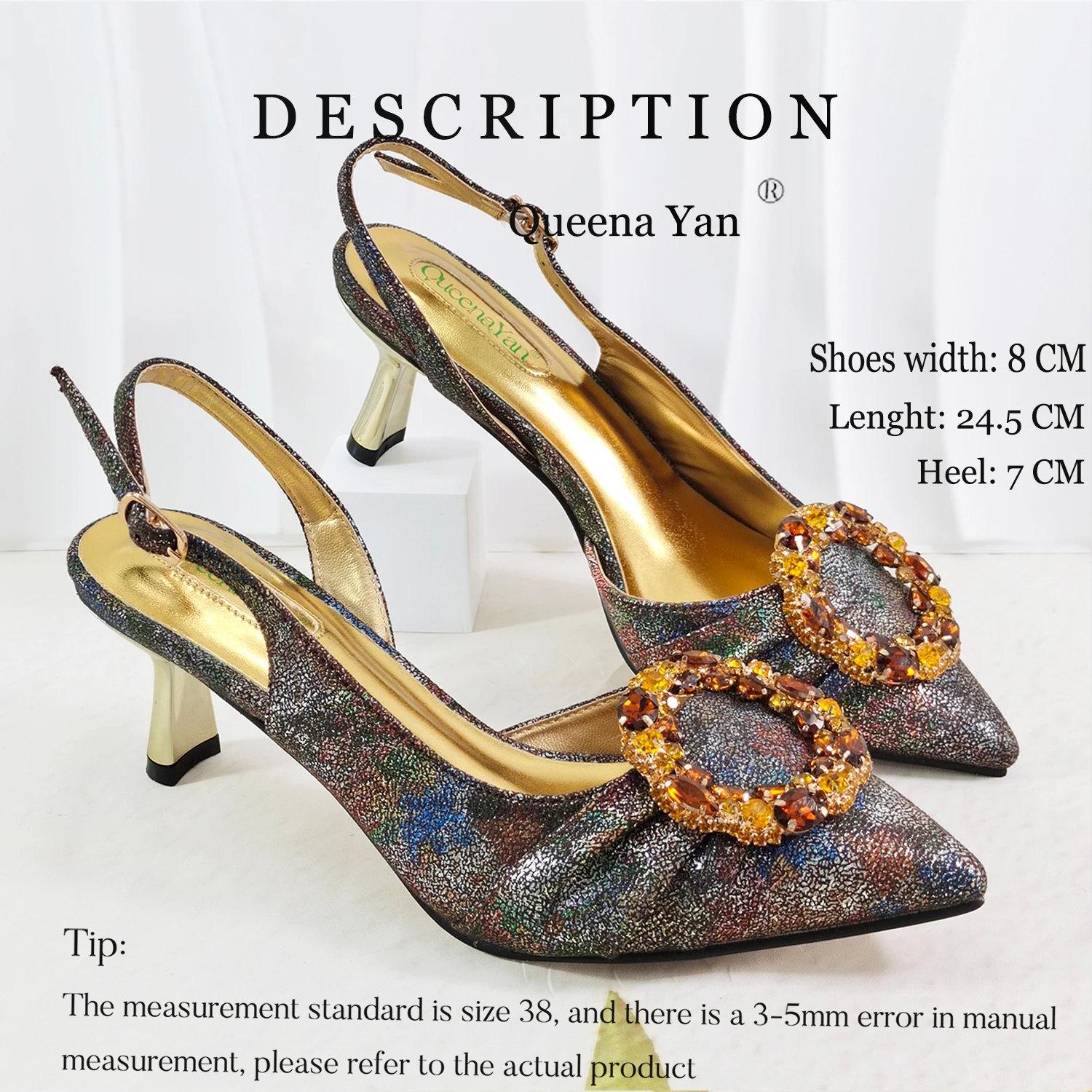 Queena Yan Multicolor Glitter Slingback Pointed Pumps Rhinestone Ring Handle Evening Clutch Matching Bag Set For Women Wedding