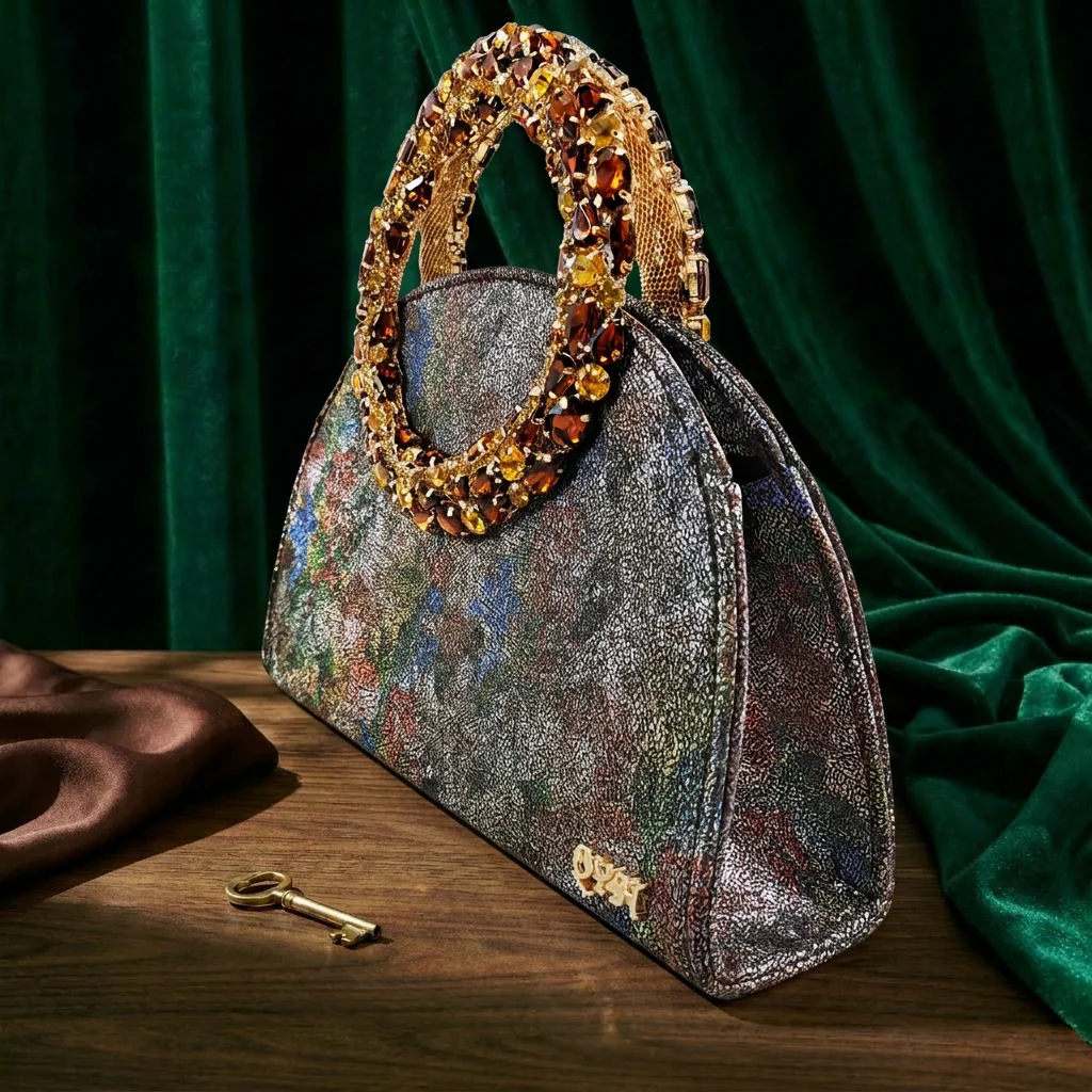 Queena Yan Multicolor Glitter Slingback Pointed Pumps Rhinestone Ring Handle Evening Clutch Matching Bag Set For Women Wedding