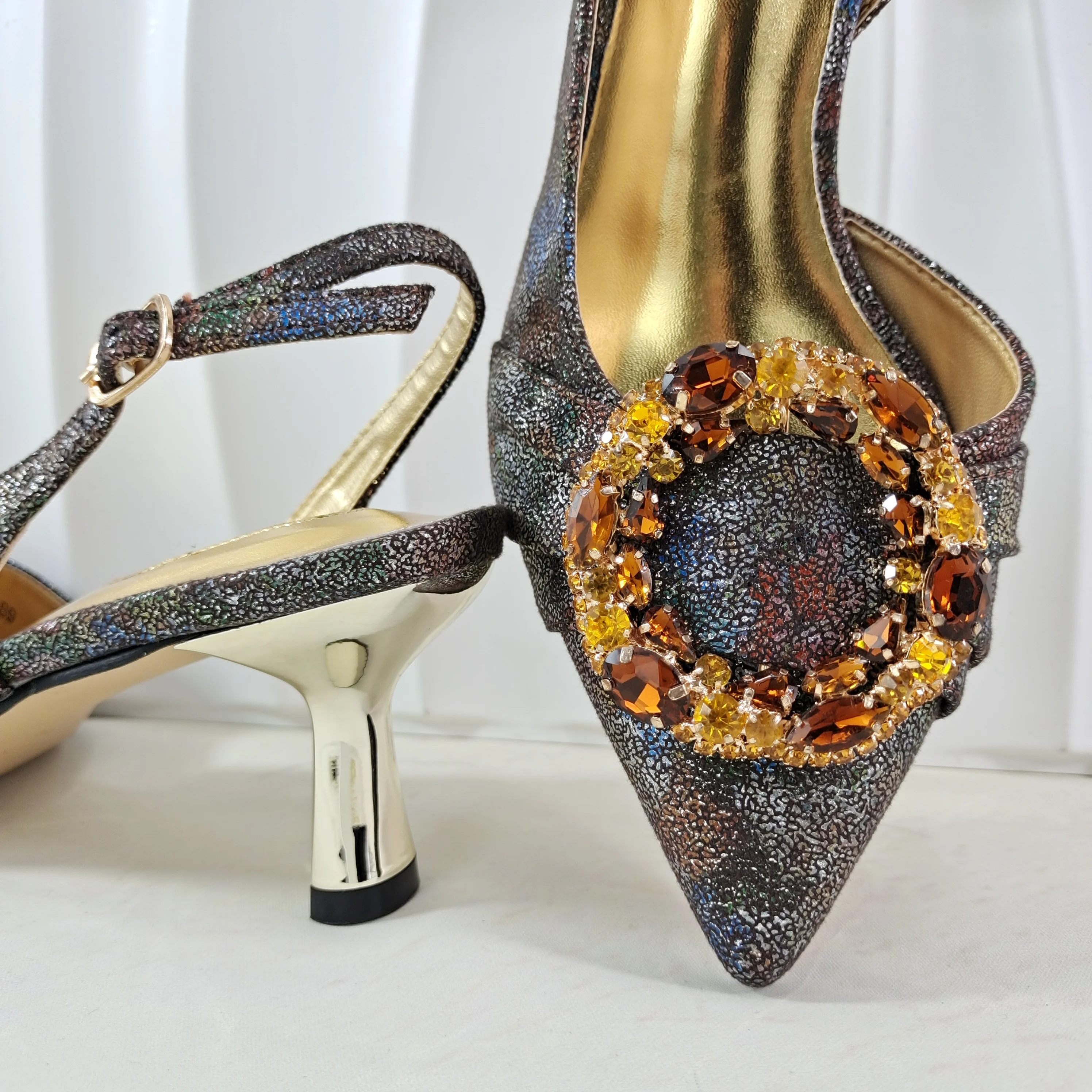 Queena Yan Multicolor Glitter Slingback Pointed Pumps Rhinestone Ring Handle Evening Clutch Matching Bag Set For Women Wedding