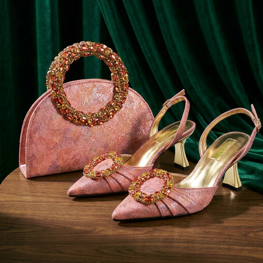Queena Yan Multicolor Glitter Slingback Pointed Pumps Rhinestone Ring Handle Evening Clutch Matching Bag Set For Women Wedding