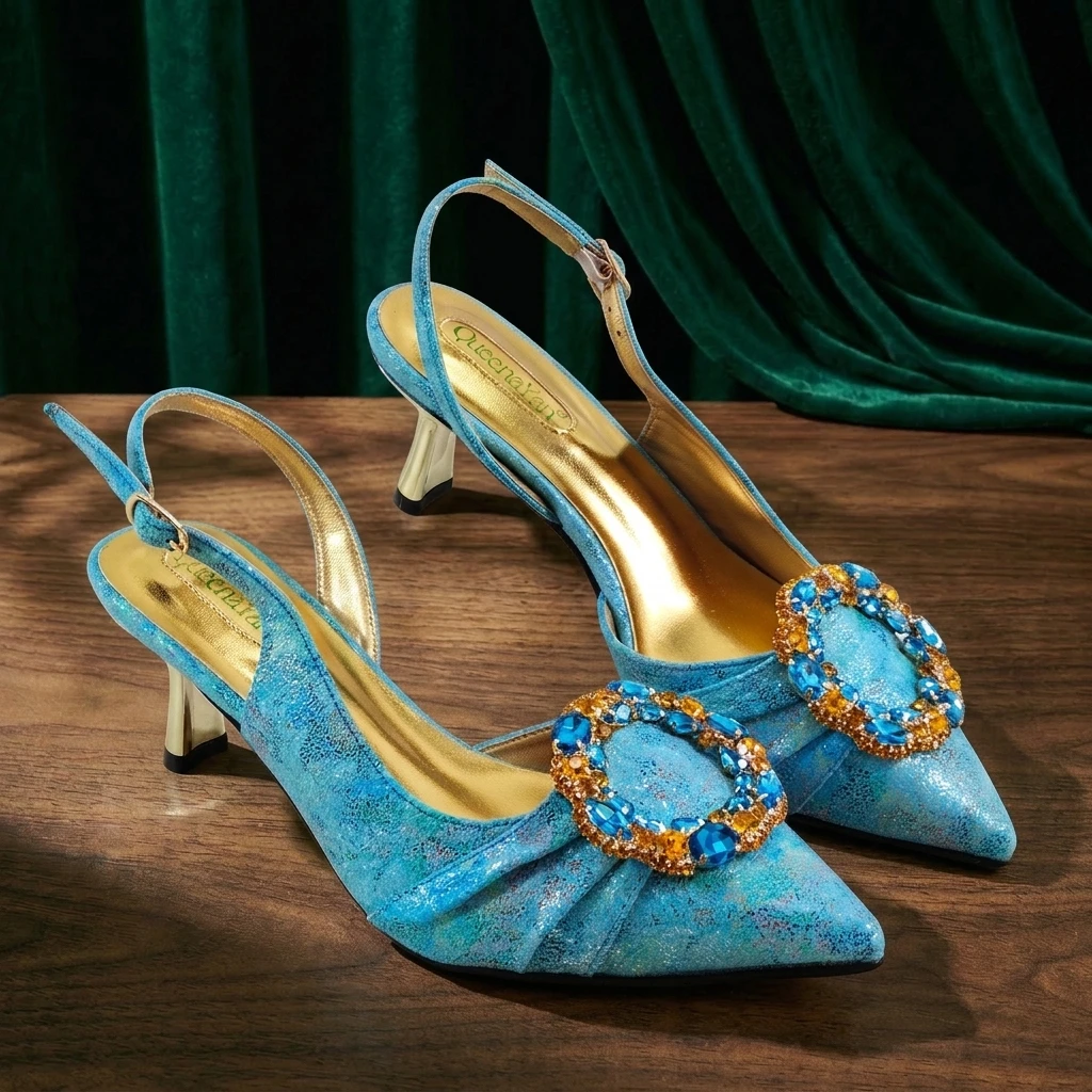 Queena Yan Multicolor Glitter Slingback Pointed Pumps Rhinestone Ring Handle Evening Clutch Matching Bag Set For Women Wedding