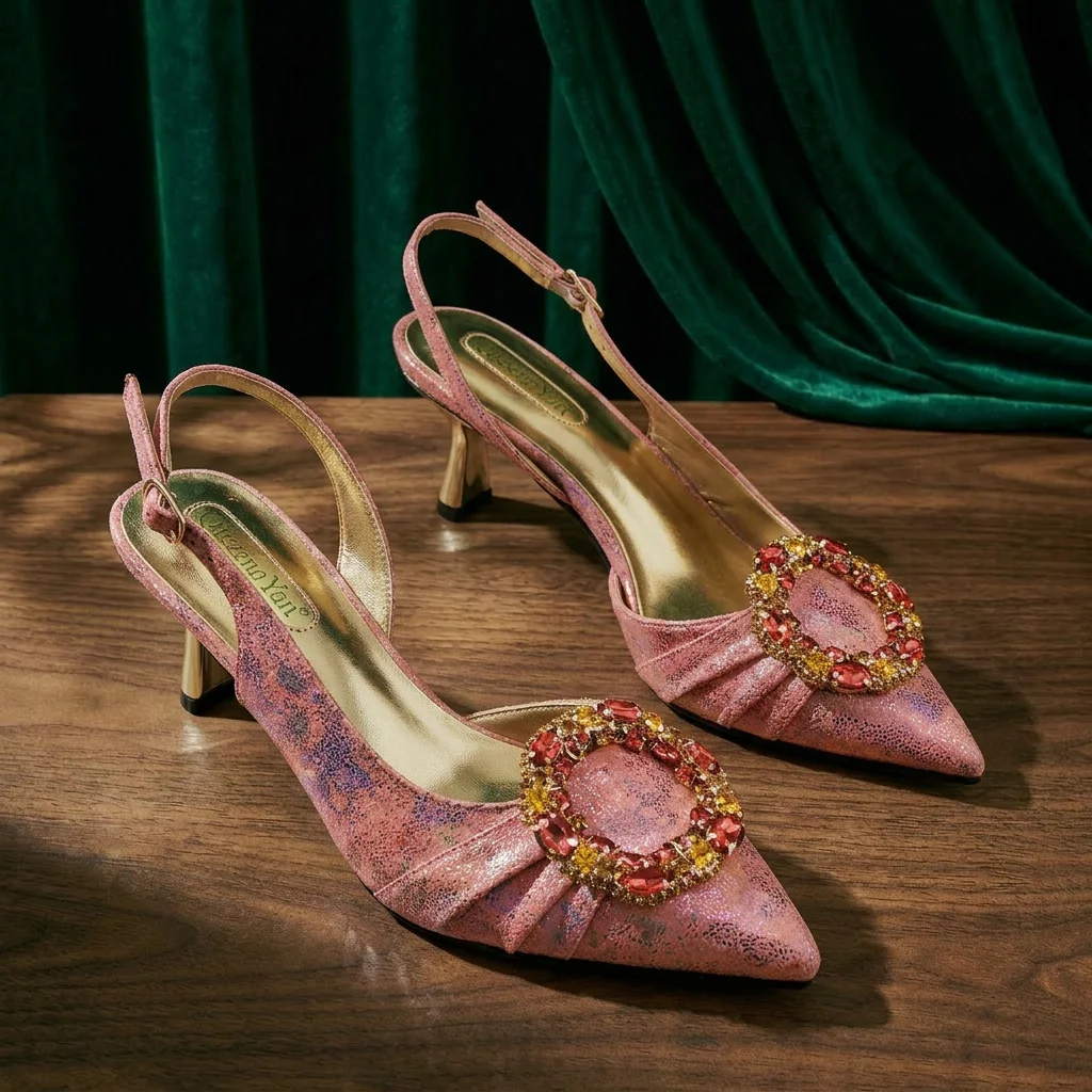 Queena Yan Multicolor Glitter Slingback Pointed Pumps Rhinestone Ring Handle Evening Clutch Matching Bag Set For Women Wedding