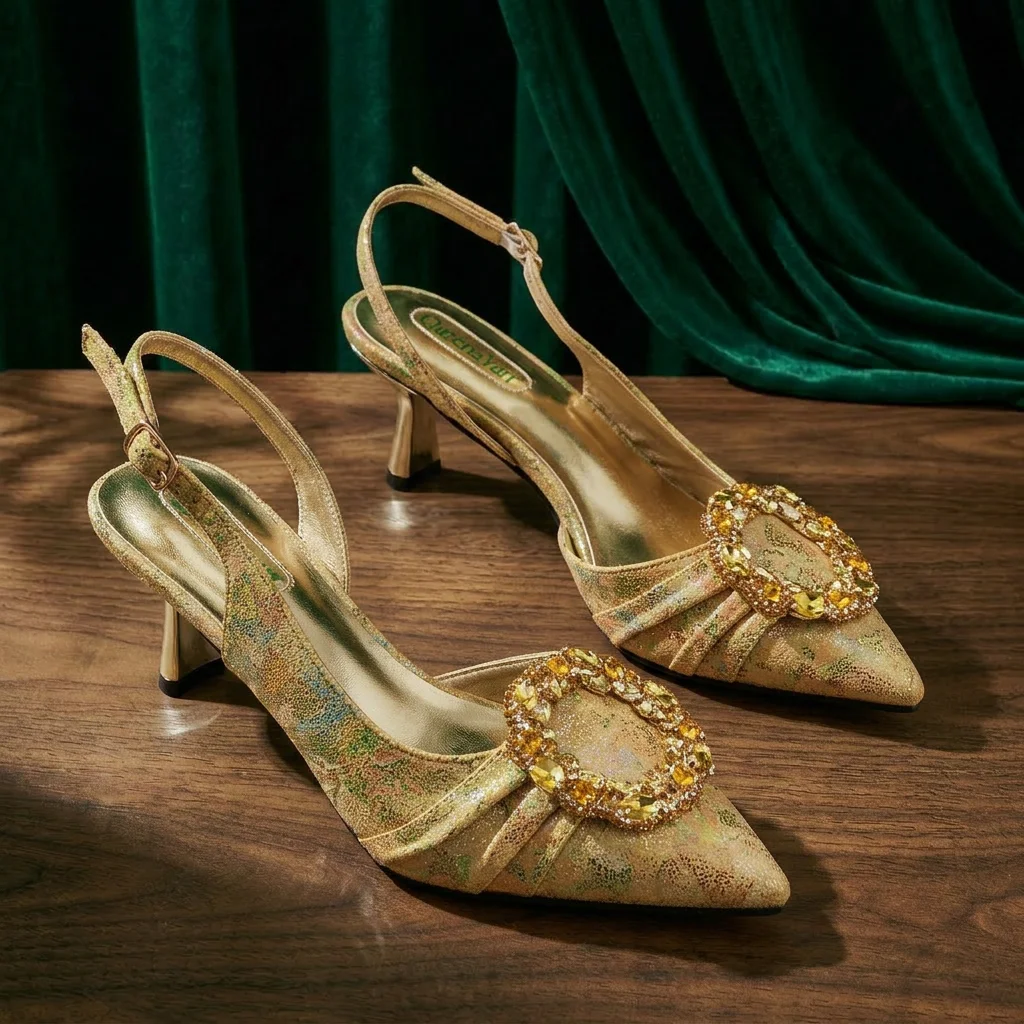 Queena Yan Multicolor Glitter Slingback Pointed Pumps Rhinestone Ring Handle Evening Clutch Matching Bag Set For Women Wedding