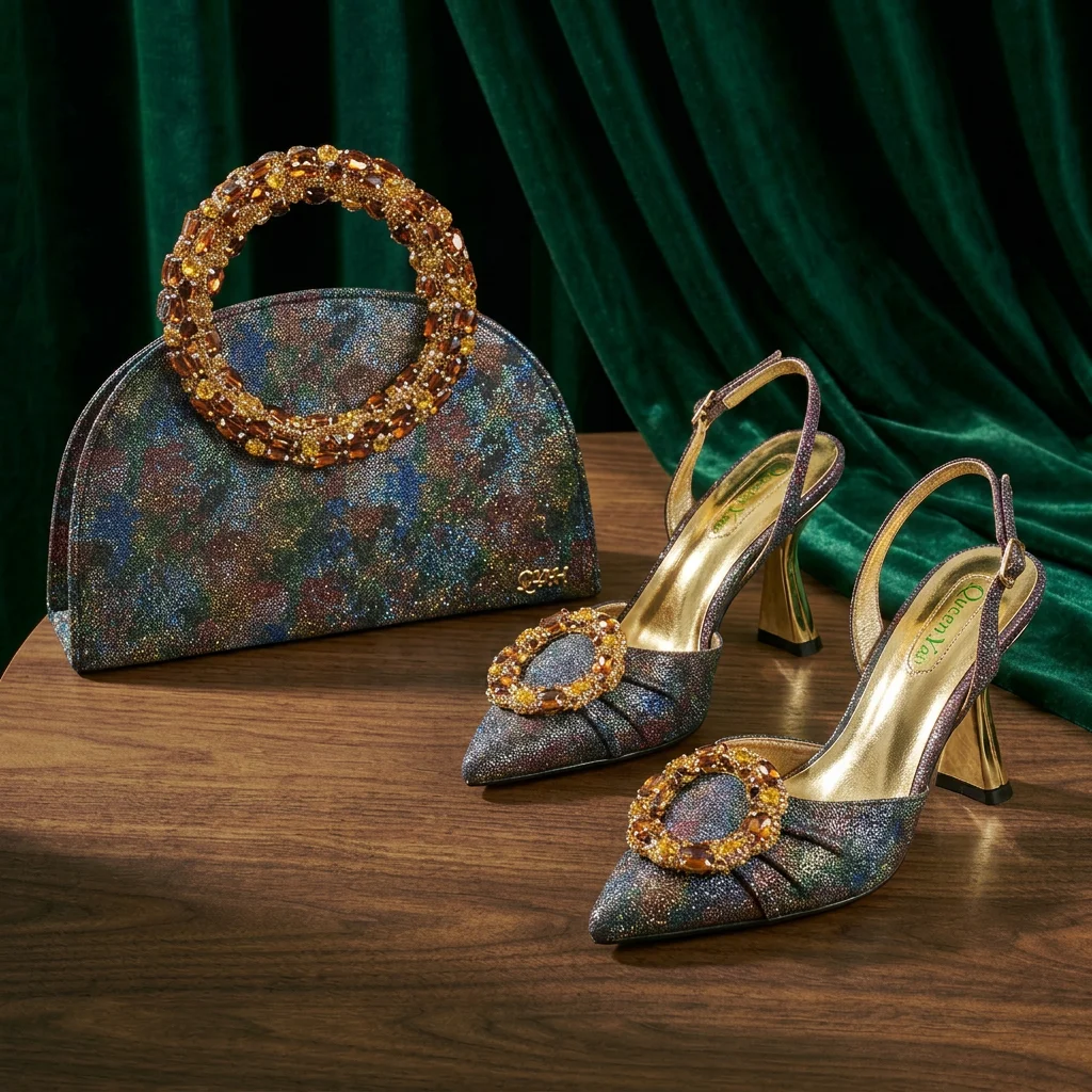 Queena Yan Multicolor Glitter Slingback Pointed Pumps Rhinestone Ring Handle Evening Clutch Matching Bag Set For Women Wedding