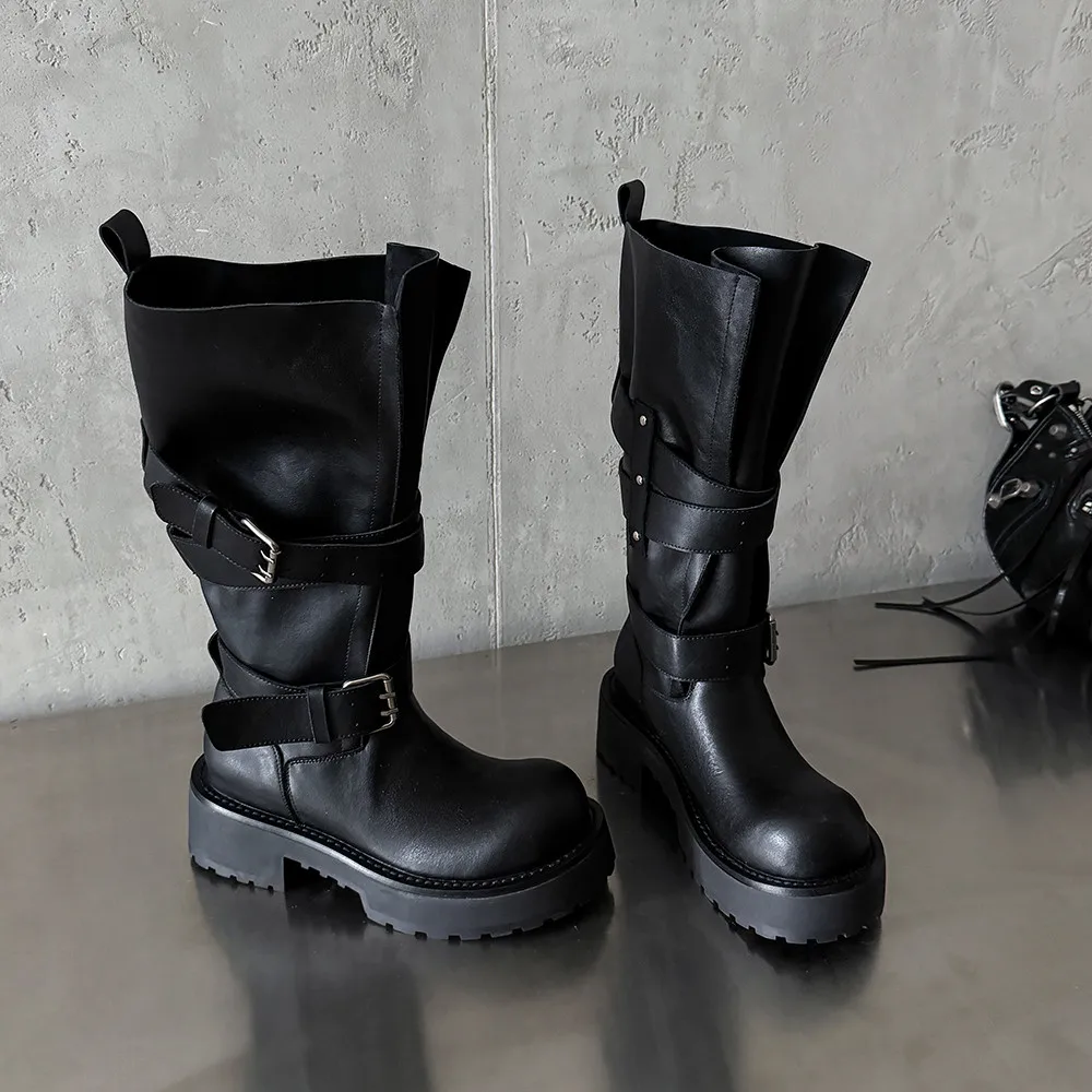 Aucegi Genuine Leather Platform Block Heels Women Belt Buckle Slip-On Knee High Boots Round Toe Fashion Modern Commuter Shoes
