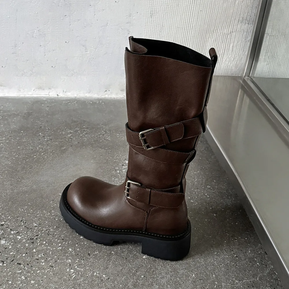 Aucegi Genuine Leather Platform Block Heels Women Belt Buckle Slip-On Knee High Boots Round Toe Fashion Modern Commuter Shoes