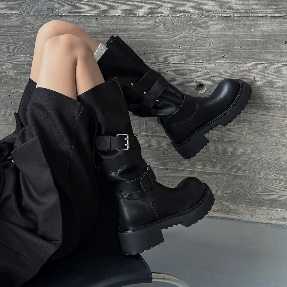 Aucegi Genuine Leather Platform Block Heels Women Belt Buckle Slip-On Knee High Boots Round Toe Fashion Modern Commuter Shoes
