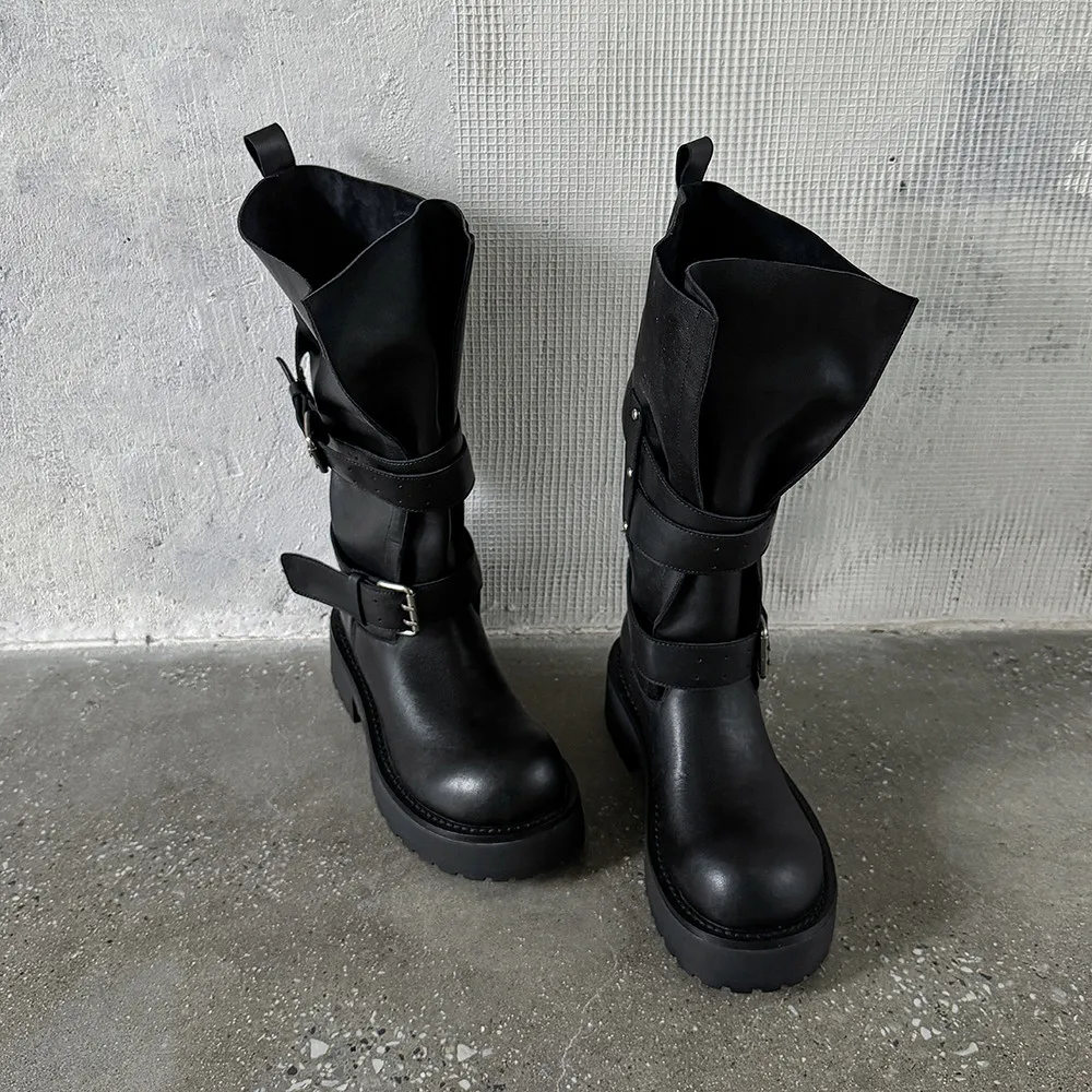 Aucegi Genuine Leather Platform Block Heels Women Belt Buckle Slip-On Knee High Boots Round Toe Fashion Modern Commuter Shoes