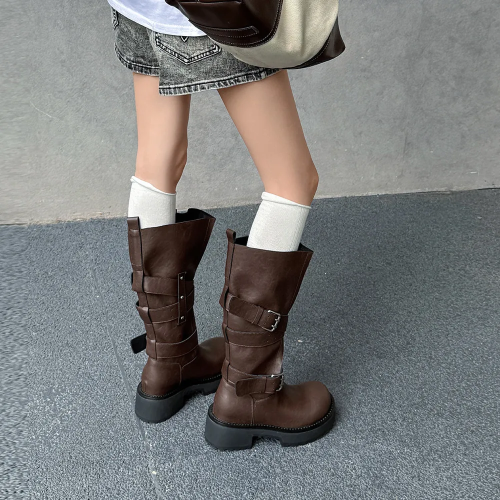 Aucegi Genuine Leather Platform Block Heels Women Belt Buckle Slip-On Knee High Boots Round Toe Fashion Modern Commuter Shoes