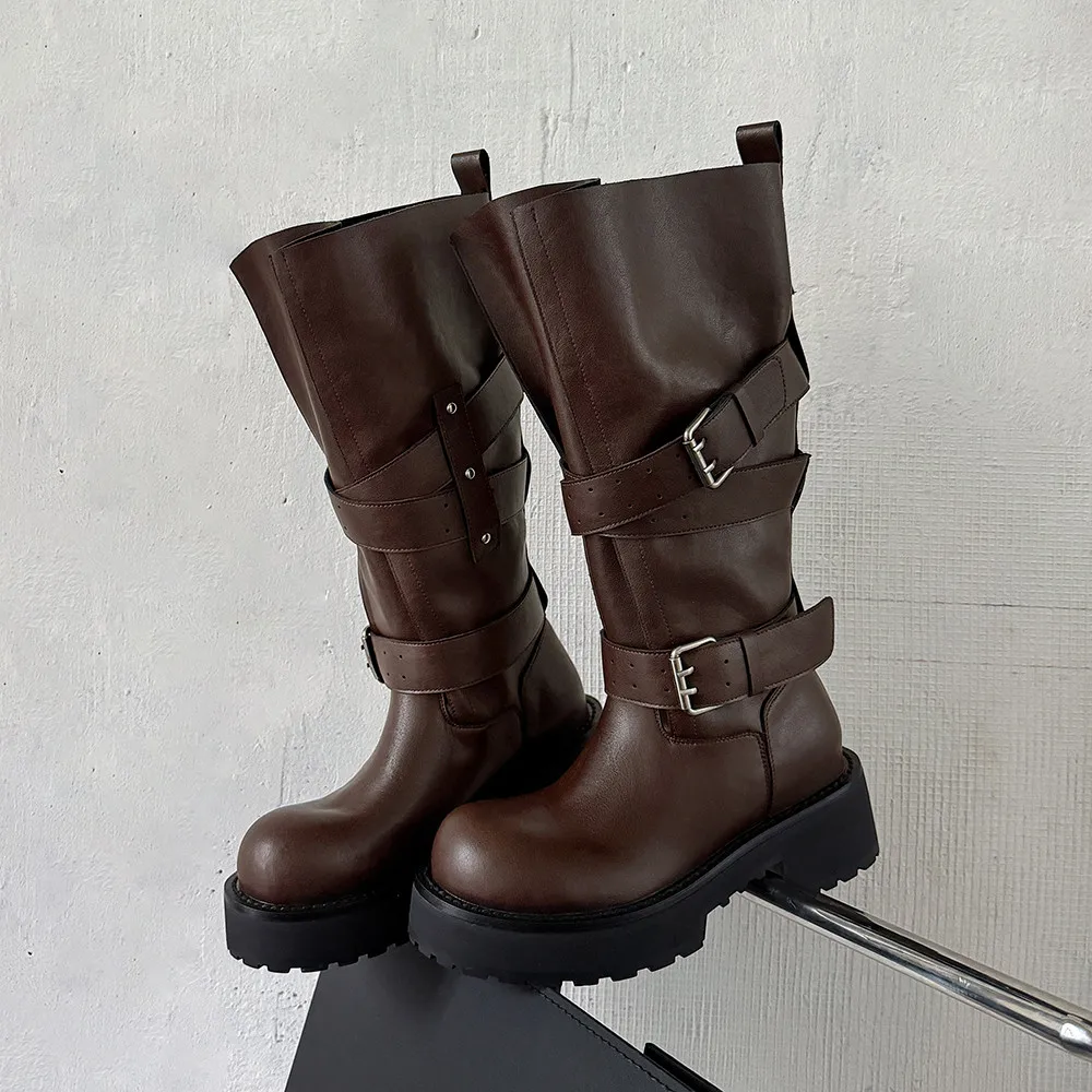 Aucegi Genuine Leather Platform Block Heels Women Belt Buckle Slip-On Knee High Boots Round Toe Fashion Modern Commuter Shoes