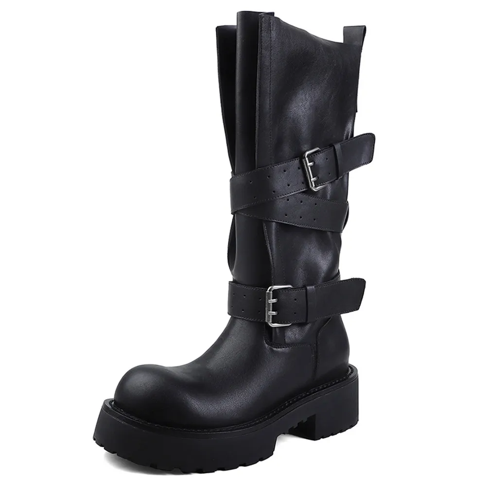 Aucegi Genuine Leather Platform Block Heels Women Belt Buckle Slip-On Knee High Boots Round Toe Fashion Modern Commuter Shoes