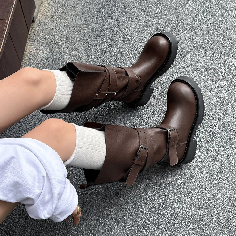 Aucegi Genuine Leather Platform Block Heels Women Belt Buckle Slip-On Knee High Boots Round Toe Fashion Modern Commuter Shoes