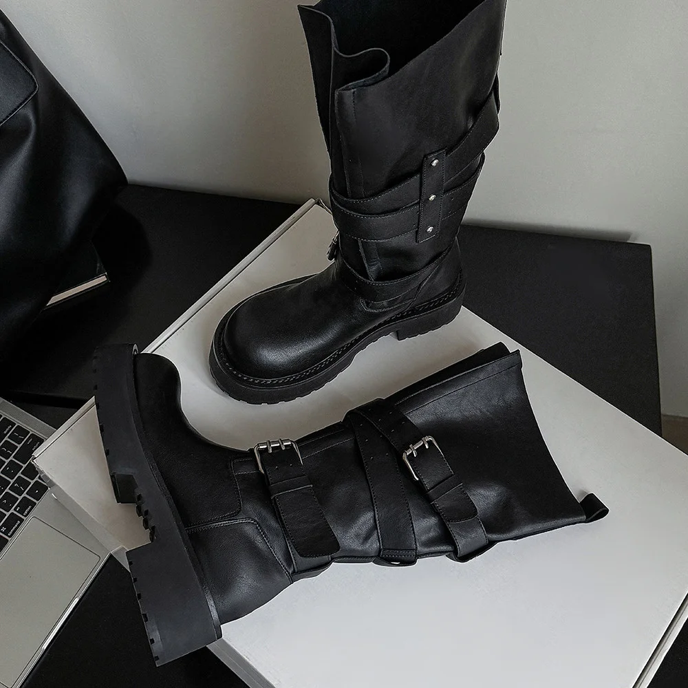Aucegi Genuine Leather Platform Block Heels Women Belt Buckle Slip-On Knee High Boots Round Toe Fashion Modern Commuter Shoes