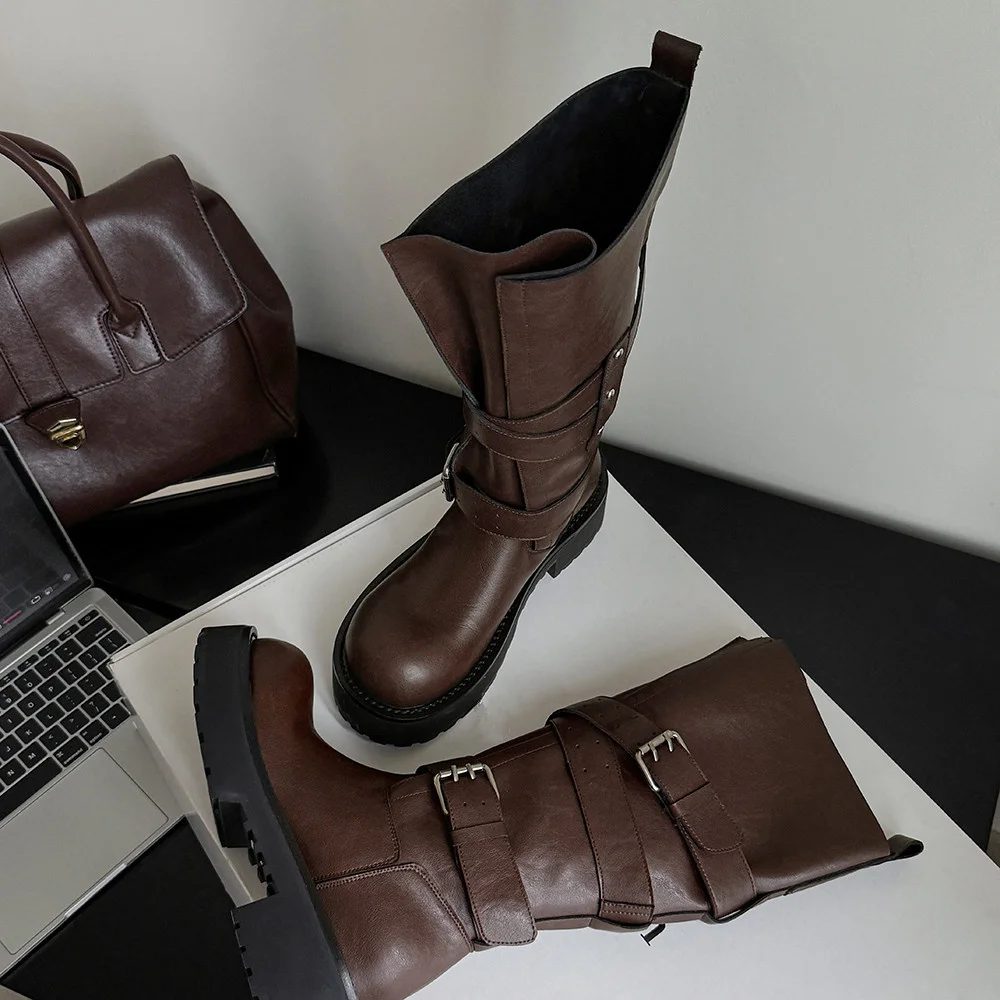 Aucegi Genuine Leather Platform Block Heels Women Belt Buckle Slip-On Knee High Boots Round Toe Fashion Modern Commuter Shoes