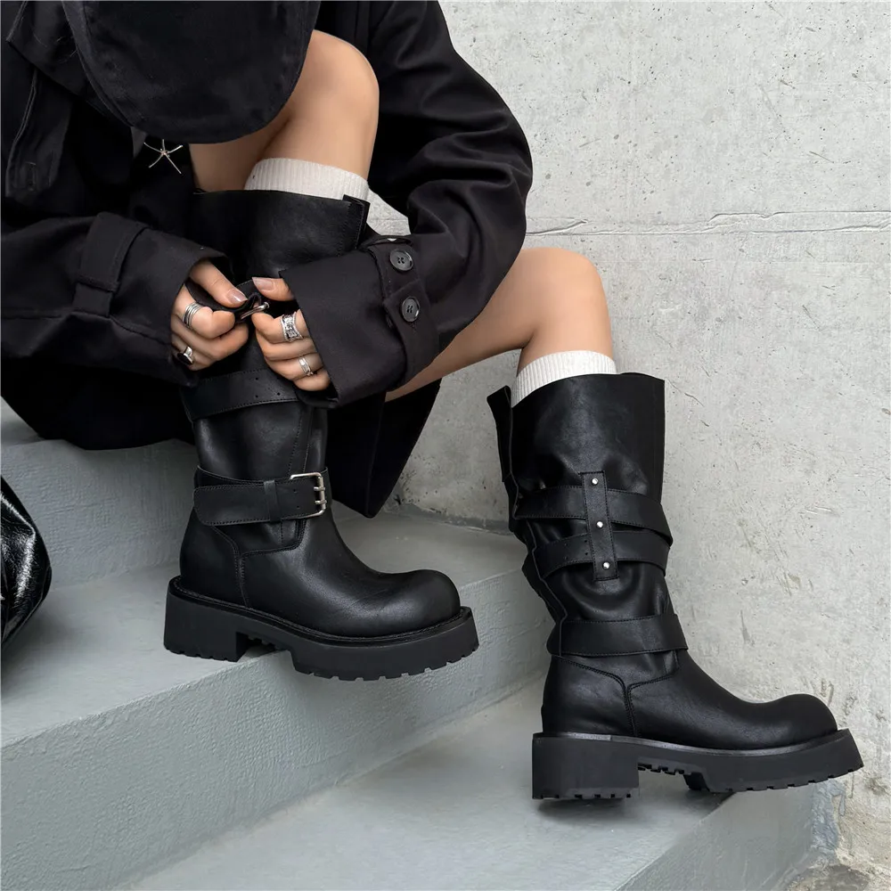 Aucegi Genuine Leather Platform Block Heels Women Belt Buckle Slip-On Knee High Boots Round Toe Fashion Modern Commuter Shoes