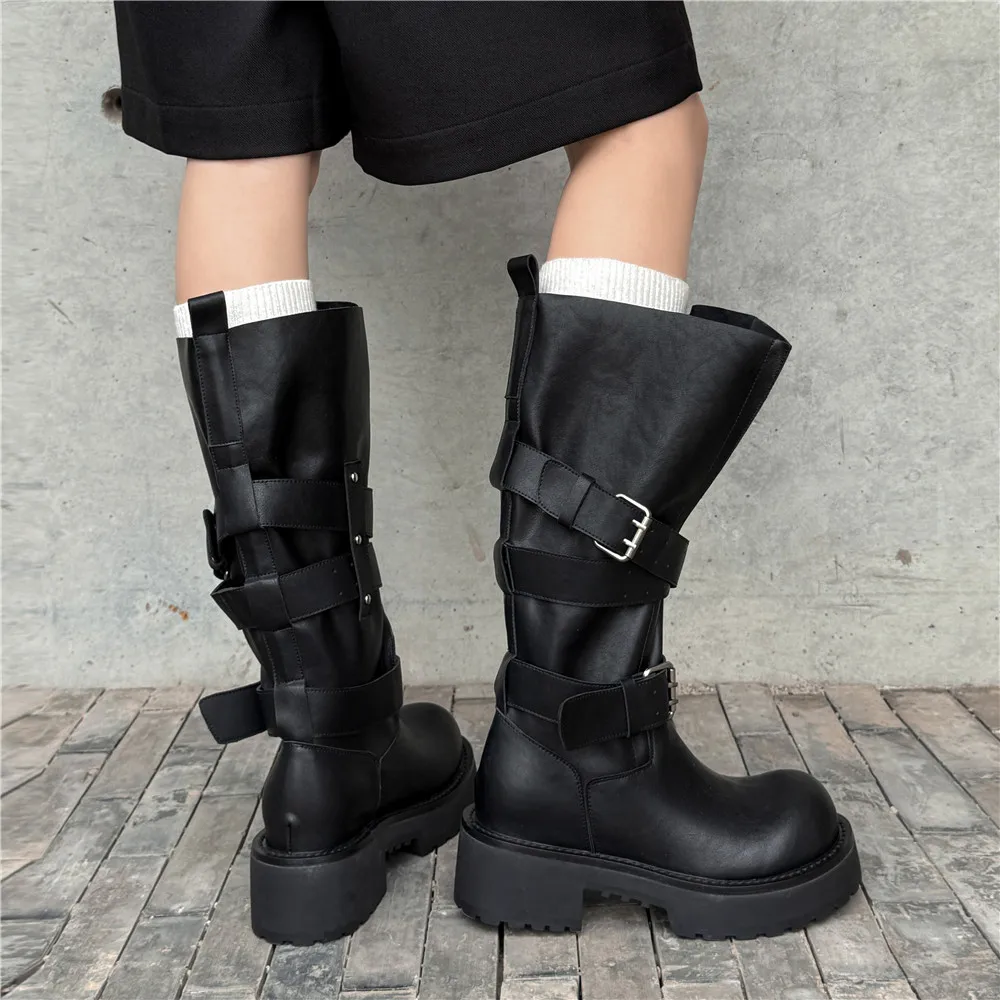 Aucegi Genuine Leather Platform Block Heels Women Belt Buckle Slip-On Knee High Boots Round Toe Fashion Modern Commuter Shoes