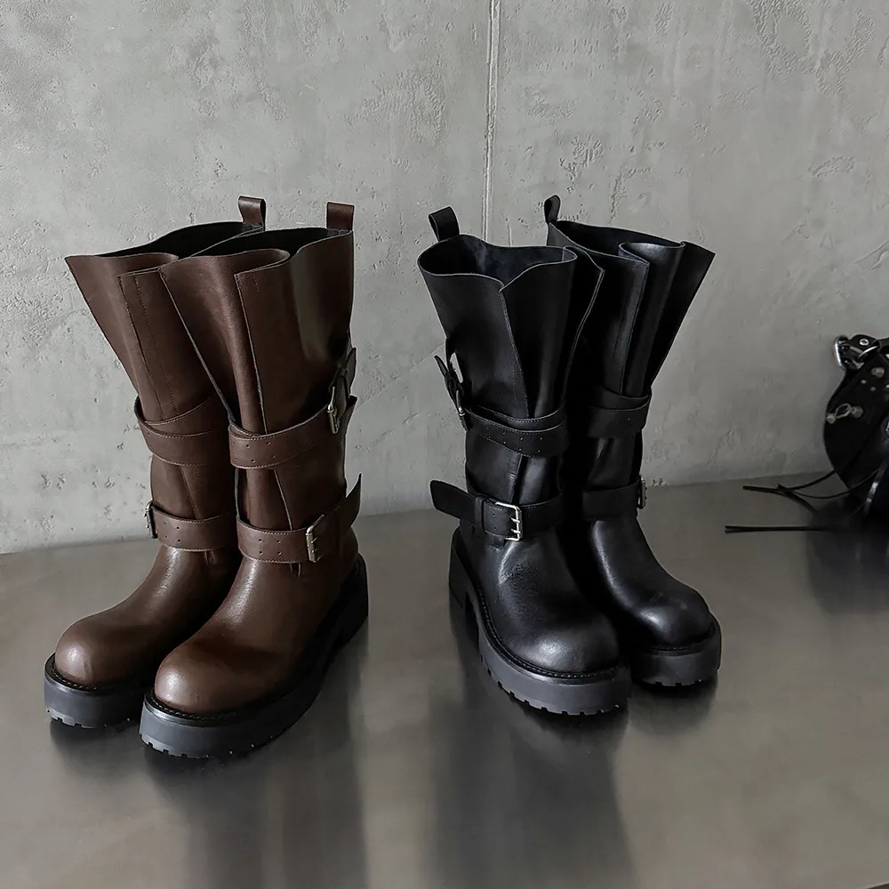 Aucegi Genuine Leather Platform Block Heels Women Belt Buckle Slip-On Knee High Boots Round Toe Fashion Modern Commuter Shoes